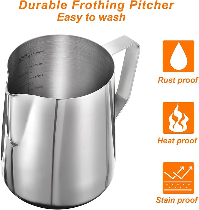 uxcell Milk Frothing Pitcher, 31oz / 900ml Stainless Steel Milk Frother Cup with Scale for Milk Steaming Pitcher Latte Art Cappuccino Coffee Espresso Accessories Tool, Silver Tone