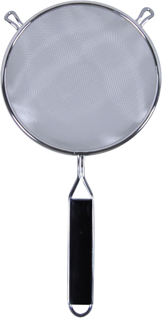 TrueCraftware- 8-Inch Double Medium Mesh Strainer Stainless Steel with 6-1/2" Handle Length Black Plastic Handle- Kitchen Utensil Food Strainer Skimmer Spoon for Cooking Sieve Sifters Pasta Fruits