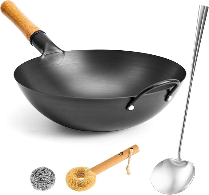 WANGYUANJI 13.4" Round-Bottom Iron Wok, Deep Chinese Stir-Fry Pan (Seasoning Required), Wok Ring Required, Not Flat-Top/Induction — No Lid, No Ring,Wooden Handle, Coating-Free