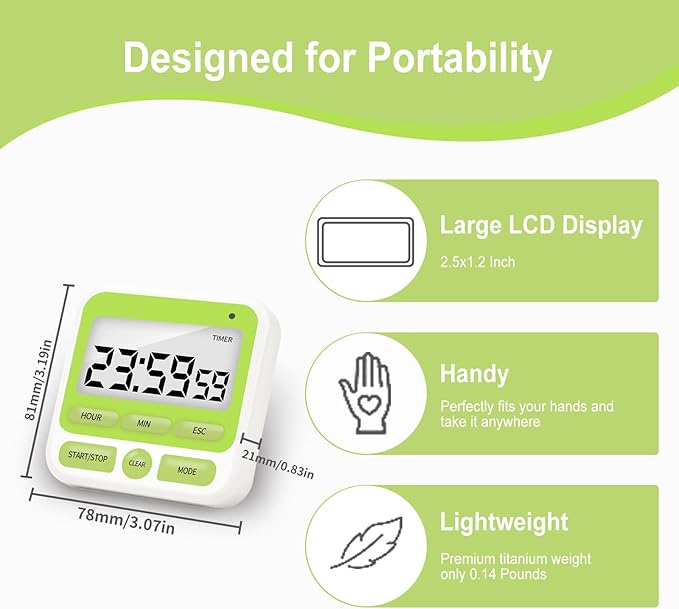 Multifunctional Kitchen Timer with Silent/Alert Mode, 24-Hour Clock, Memory Recall, Fast-Forward, and Magnetic Back for Cooking, Baking, Teaching(Green)