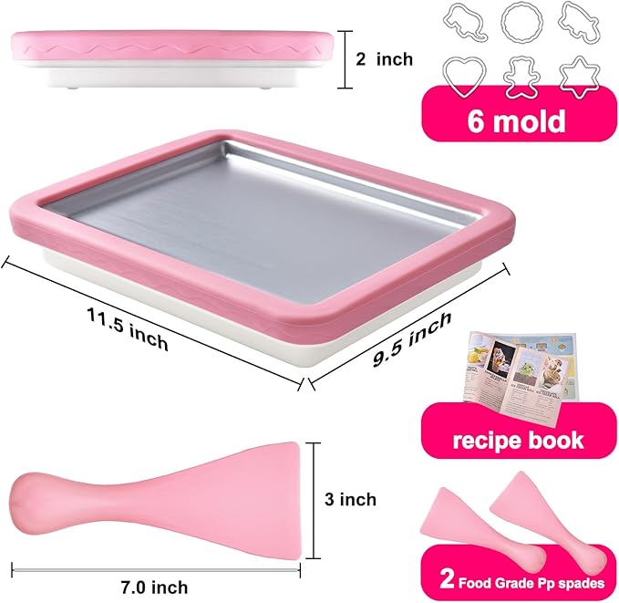 ROEDEER Rolled Ice Cream Maker, Ice Cream Roll Maker Plate with 2 Spatulas, Instant Rolled Ice Cream Machines for DIY Ice Cream, Includes Recipe Book, Fun Gifts for Kids, Color:Pink and White