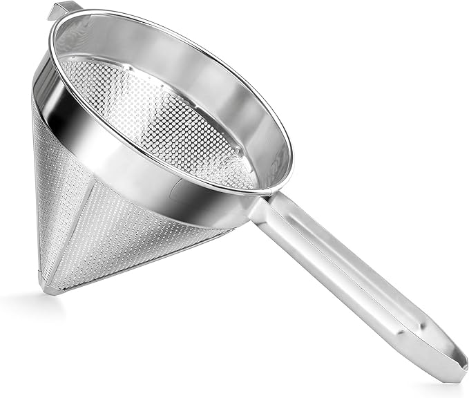 Soro Essentials- 10" Stainless Steel China Cap Strainer Coarse Mesh- Cone Shaped Strainer Food Strainers Juice Strainers Kitchen Tools Food for Straining Seeds Beans Sauces Home Kitchen