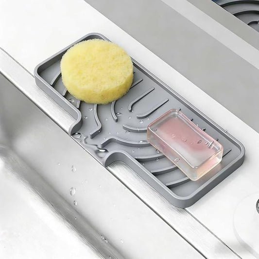 Sponge Holder for Kitchen Sink, Soap Tray for Sink & Counter, 9.8"×4.9" Soap Dish Mat, Silicone with Drain, Perfect for Dispenser, Scrubber, Bottle, Cup (Gray)