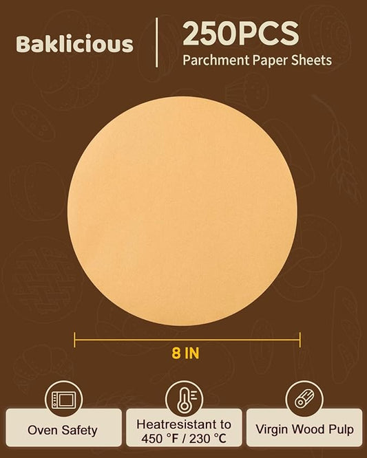 Baklicious 250Pcs 8 Inch Parchment Paper Rounds. Non Stick Round Parchment Paper, Baking Parchment Circles for Cake Baking, Patty Separating, Tortilla Wrapping