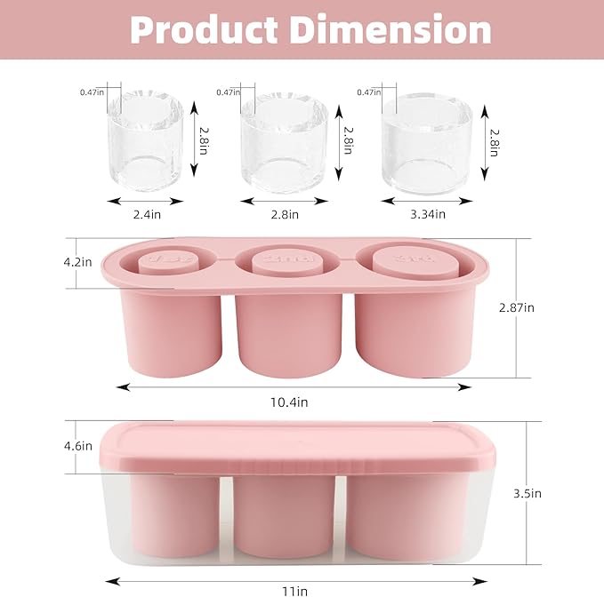 Fu Store Ice Cube Tray for Tumbler Cup 30-40 oz Tumbler 3pcs Silicone Ice Cube Molds With Lid and Bin for Chilling Cocktails Whiskey Drinks Juice Coffee Easy Fill and Release Ice Maker (Pink，40 oz)