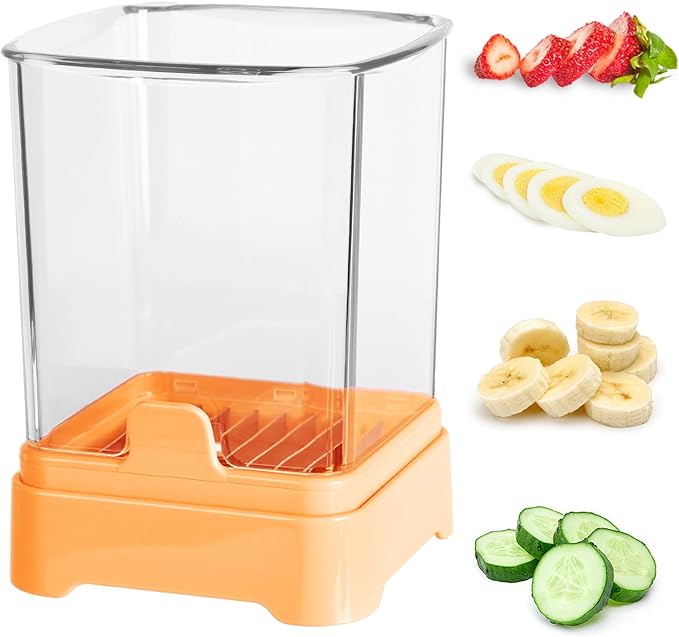 Fruit Slicer Cup for Strawberry, Banana, Hard-Boiled Egg - Detachable Cutter with Push Plate - Rapid & Safe Slicing Kitchen Gadget for Quick Meal Prep (Yellow)