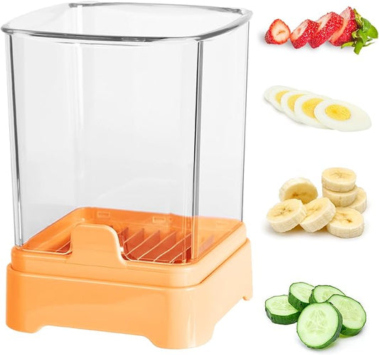 Fruit Slicer Cup for Strawberry, Banana, Hard-Boiled Egg - Detachable Cutter with Push Plate - Rapid & Safe Slicing Kitchen Gadget for Quick Meal Prep (Yellow)