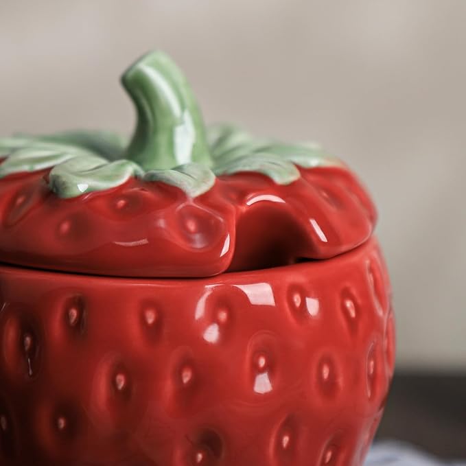 WAIT FLY Strawberry Ceramic Sugar Bowl with Lid, Sugar Container, Sugar Salt Pepper Storage Jar for Kitchen Countertop, Coffee Bar