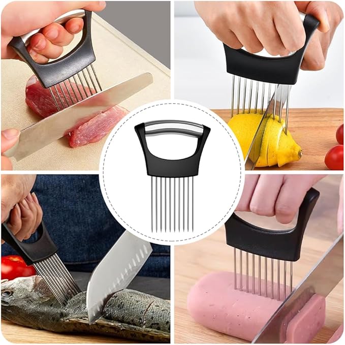 Onion Holder for Slicing, Stainless Steel Vegetable Slicer Cutter, Multifunctional Onion Slicing Tool for Tomato, Potato, Lemon, Meat, Easy Home Kitchen Chopper Assistant (1 Pack)