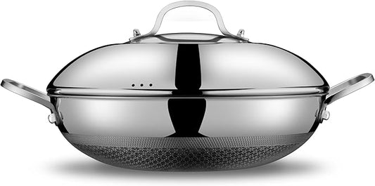 SNOWCLAD Wok, 13 Inch Hybrid Woks & Stir-fry Pans Nonstick with Double Handles, Non Toxic Stainless Steel Wok Pan with Lid, Dishwasher Induction Oven Broiler Safe