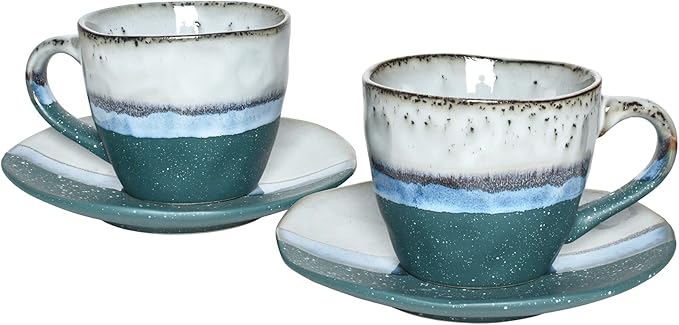 Bosmarlin Stoneware Coffee Cup Mug with Saucer Set of 2 for Latte, Cappuccino, Tea, Oz, Dishwasher and Microwave Safe (Green, 2)