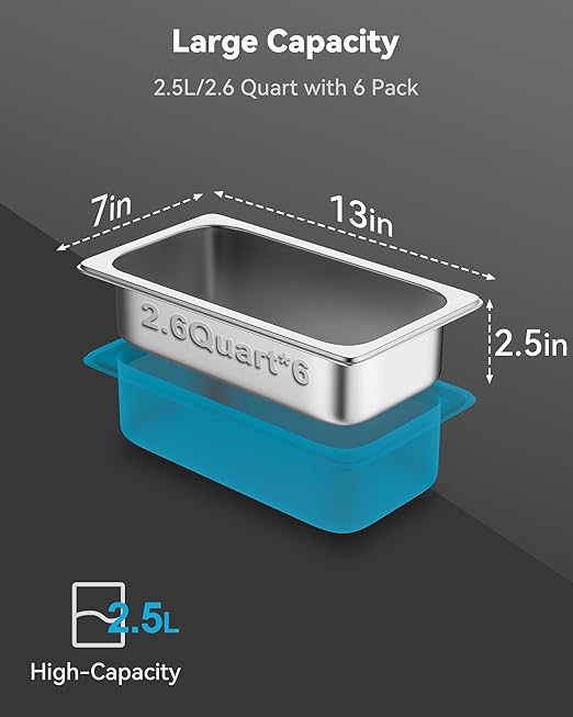 ZeroPone 6 Pack Hotel Pans, 1/3 Size 2.5" Deep Steam Table Pan, Stainless Steel Food Pans 22 Gauge Anti Jam Commercial Food Storage Containers