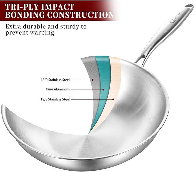 LOLYKITCH Tri-Ply 13 Inch Stainless Steel Wok Pan with Lid, Stir-Frying Pan,Induction Wok,Dishwasher and Oven Safe,Heavy Duty and Detachable handle.