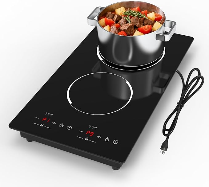 Double Induction Cooktop, WABK 2300W 2 burner Induction Cooker Cooktop, 110V Countertop & Built-in Electric Cooktop with Hot Plate, LED Touch Screen & 9 Power Levels, 2-Hour Timer and Child Lock