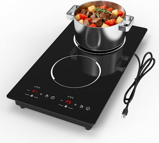 Double Induction Cooktop, WABK 2300W 2 burner Induction Cooker Cooktop, 110V Countertop & Built-in Electric Cooktop with Hot Plate, LED Touch Screen & 9 Power Levels, 2-Hour Timer and Child Lock
