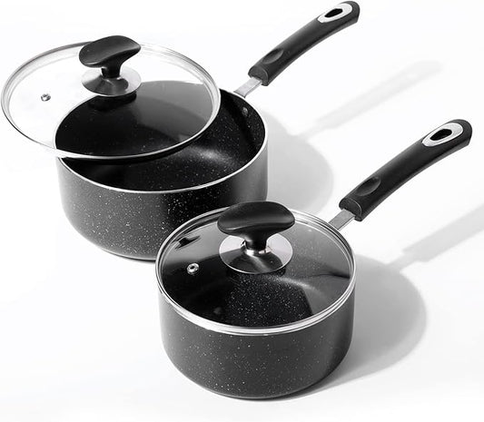 RATWIA Nonstick Saucepan Set - 1.5 Quart and 2.5Quart,Ultra Non Stick Sauce Pan Small Pot with Glass Lid,Great for Home Kitchen Restaurant,Black