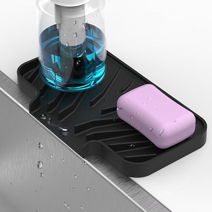 Sponge Holder for Kitchen Sink,6"×4" High Slope Soap Tray, Silicone Sponge Holder with Drain, Dish Soap Mat for Shower Bathroom, Perfect for Bottle,Cup on Sink or Counter (Black, 6×4)
