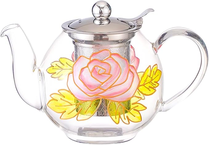 1000ml/35oz Hand Painted Pattern Glass Teapot For Stovetop,Tea Pot For Loose Tea,Glass Tea Kettle With Infuser (Rose)