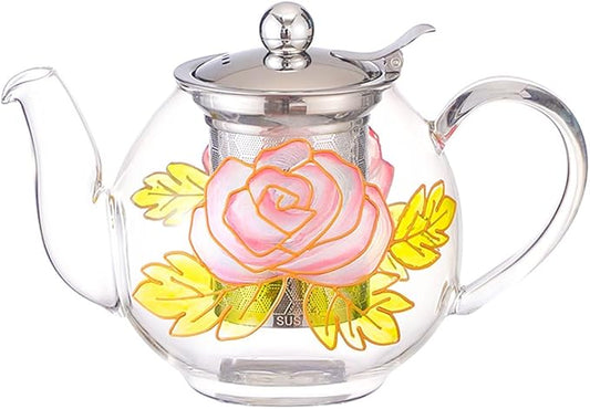 1000ml/35oz Hand Painted Pattern Glass Teapot For Stovetop,Tea Pot For Loose Tea,Glass Tea Kettle With Infuser (Rose)