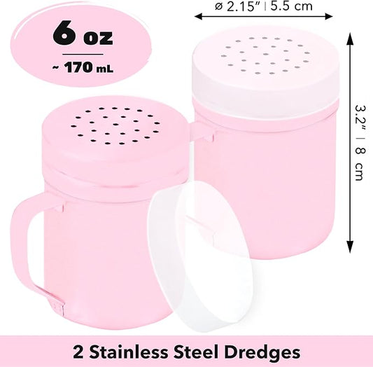 CUSINIUM 6oz Pink Stainless Steel Salt Pepper Dredge Shakers - With Plastic Cap - With Handle - Pack of 2