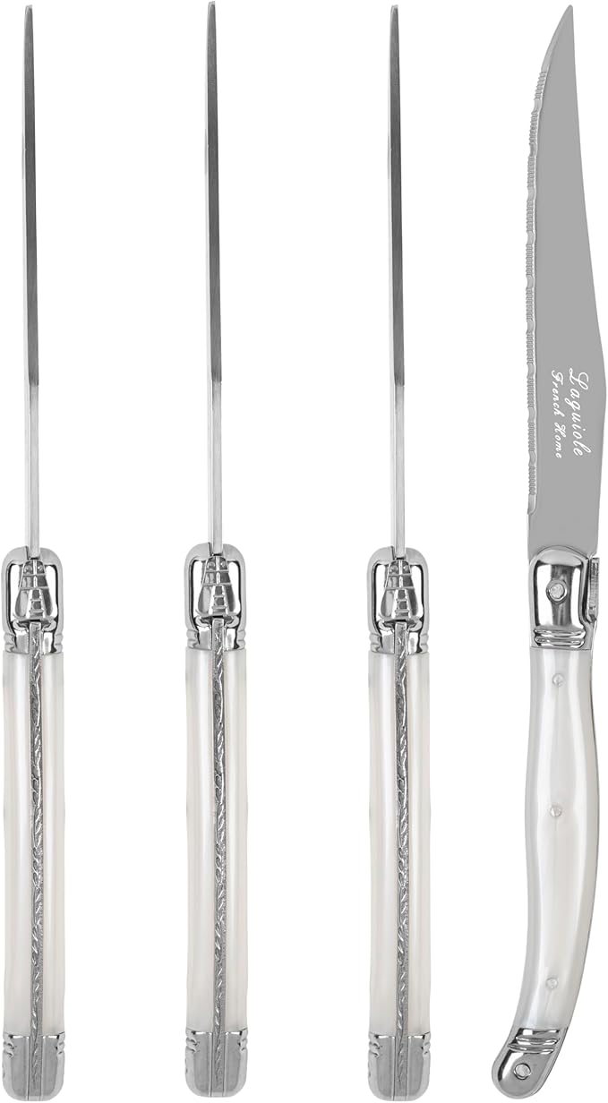 French Home Laguiole Connoisseur 4-Piece Steak Knife Set – Stainless Steel with Pearl White Handles, Etched Detailing & Napoleon Bee Emblem – Serrated Knives for Smooth Cutting (9.25")
