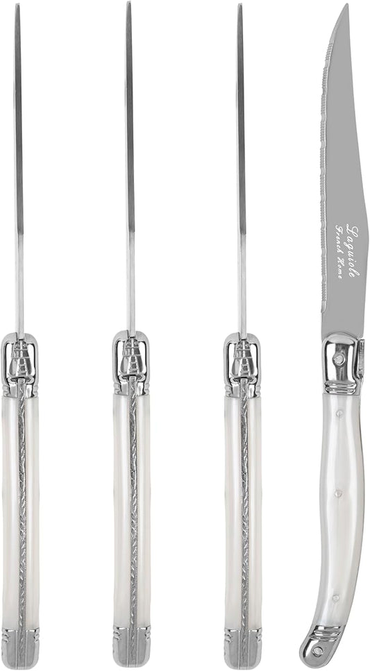 French Home Laguiole Connoisseur 4-Piece Steak Knife Set – Stainless Steel with Pearl White Handles, Etched Detailing & Napoleon Bee Emblem – Serrated Knives for Smooth Cutting (9.25")