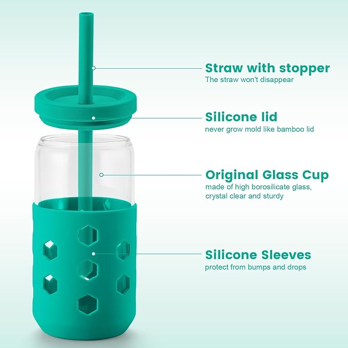 Glass Cups with Lids and Straws (4 Pack), 16oz Drinking Glasses Set with Silicone Sleeves for Coffee Bar Accessories Iced Coffee Cups with Lids, Glass Tumbler Reusable for Gifts