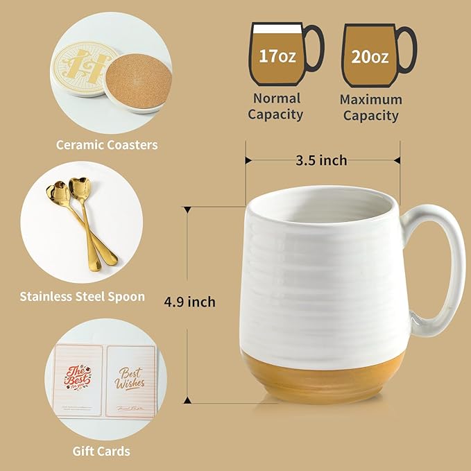 HASENSE Coffee Mugs Gift Set, 20oz Ceramic Mugs Set of 2 with Handle, Glaze Coasters & Spoons in Storage Box, For Coffee Tea and Cocoa, White Couple Mugs for Christmas Thanksgiving