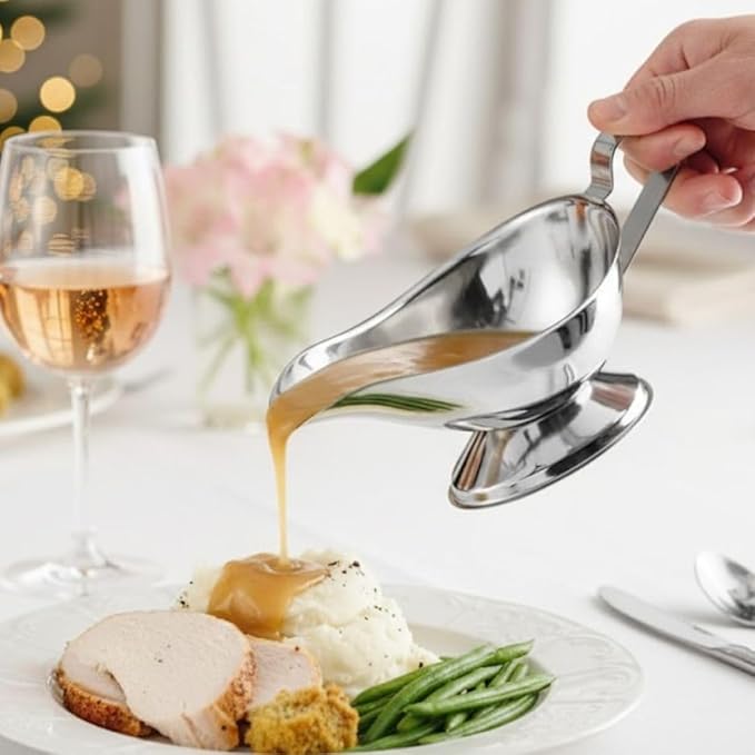 Soro Essentials- 16 oz. Stainless Steel Gravy Sauce Boat Gadroon Base with Loop Handle Set of 2- Restaurant Gravy Boat Dripless Lip Spout Serving Dish Gravy Bowl for Sauces Gravy Salad Dressings Milk