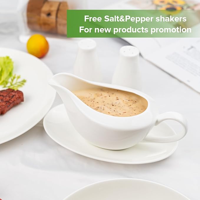 Fine Bone china Gravy Boat with Saucer, Free Salt&Pepper Shaker for Promotion, 14 oz Large Capacity, Pure White Color, Thin and Light Weight, Comfortable to Hold and Easy To Clean, Dishwasher Safe