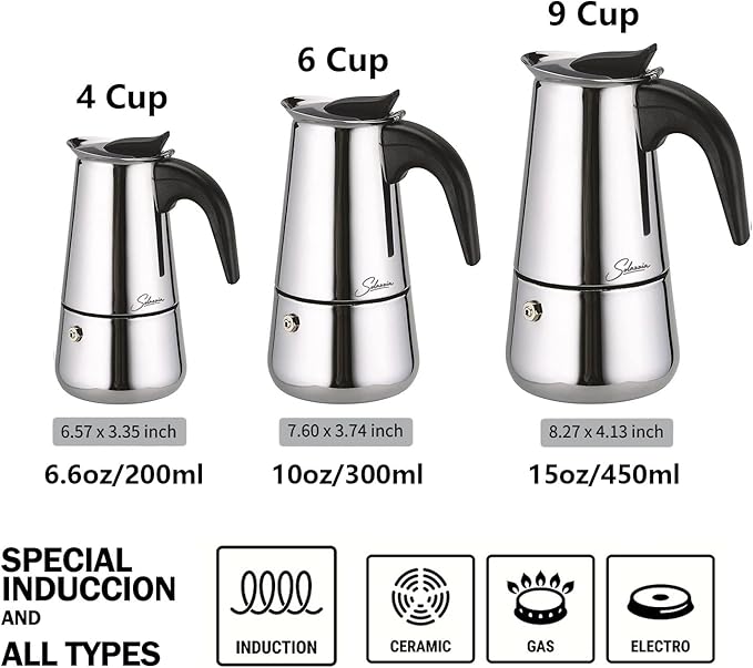 Solazzia Espresso Maker 9 Cup Moka Pot Stainless Steel Percolator coffee pot, Compatible with Gas, Electric, Ceramic, and Induction stovetops(15 fl oz/450 ml)
