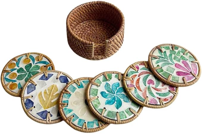 A Set of 6 Beverage Coasters, Rattan/Colorful Shell/Coffee&Tea Cup/Handmade Woven Coasters for Various Cups, Desktop Protection, Special Home Gifts