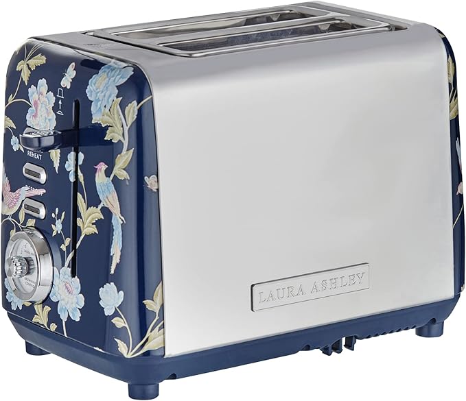 VQ Laura Ashley Elveden Navy Stainless Steel 2 Slice Toaster | Multi-Functional Bagels & Bread Toaster 2 Slice with Adjustable Heating & Defrost Mode | Featuring 2 Wide Slots, Croissant Warming Rack