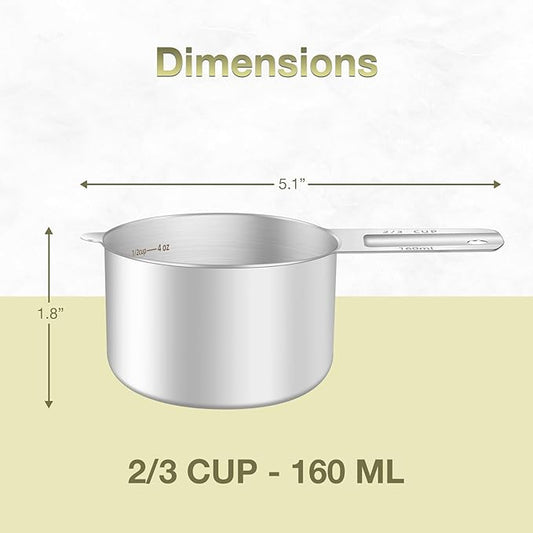 2PCS 2/3Cup (160ml, 5.3oz) Single Measuring Cup, Etched Inner Scale Stainless Steel Measure Scoop, Metric and US Measurement, Dishwasher Safe