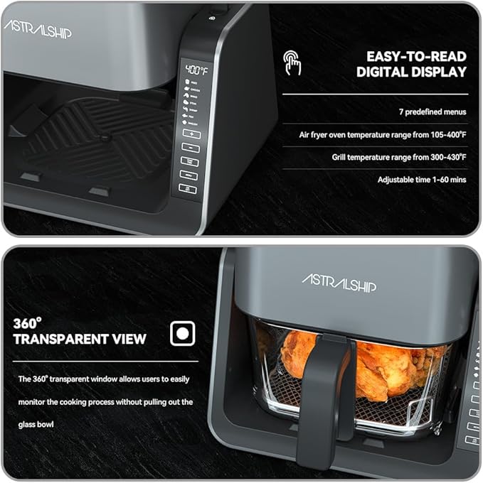 Astralship Glass Air Fryer, 2-in-1 Flip Airfryer & Grill Combo, Non-Toxic Teflon Free (No Plastic Smell), 360° Visible Cooking, 7 Presets, Compact for 1-2 People, 5.5QT Total Capacity, Dishwasher Safe