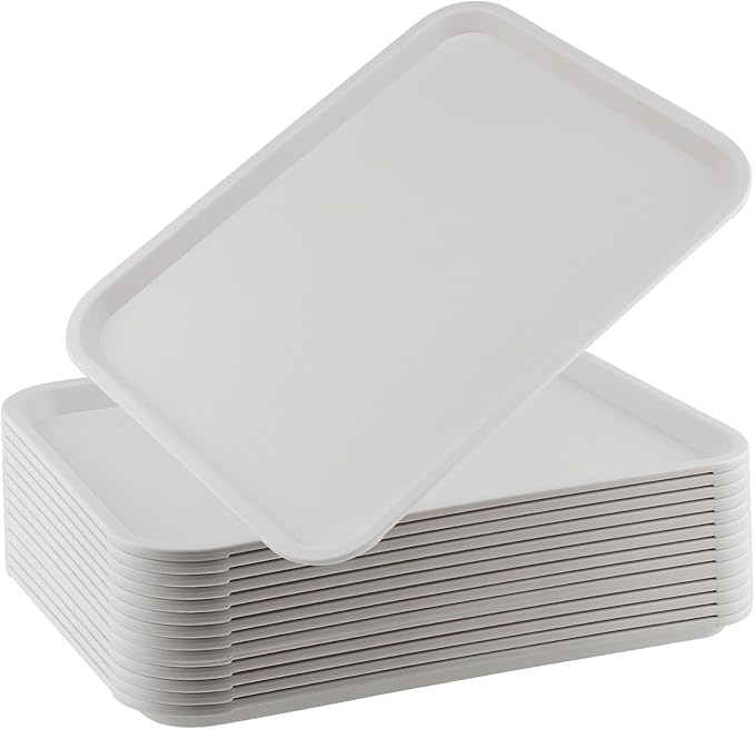 ZOENHOU 14 Pack Fast Food Tray, 16 x 12 Inch Rectangular Plastic Cafeteria Serving Trays for Food, White