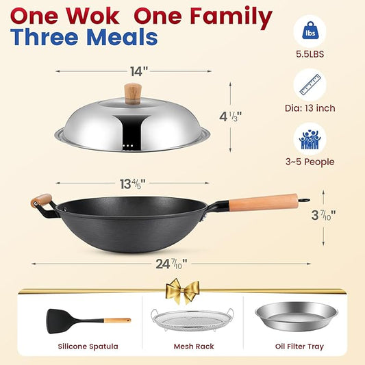 AOSION 13'' Nonstick Wok, Cast Iron Wok with Lid, 5 PCS Wok Pan & Stir-Fry Pans Set with Oil Filter Tray and Spatula, No Chemical Coated Flat Bottom Chinese Woks Pan for All Stoves