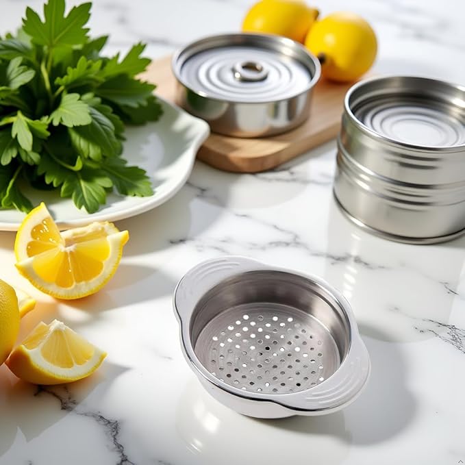 1Pc Silver Stainless Steel Food Can Strainer Sieve Tuna Press Lid Oil Drainer Remover, Unique No-Mess Dishwasher Design New Released Attractive Width 2cm Colanders and Food Strainers