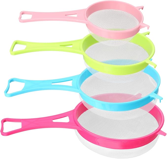 4Pcs Fine Mesh Strainer Set, Solid-Liquid Separator Gadget, Plastic Flour Colander with Non Slip Handles, Kitchen Tools for Yogurt Baking Tea Coffee Juice Pasta(4 Size)