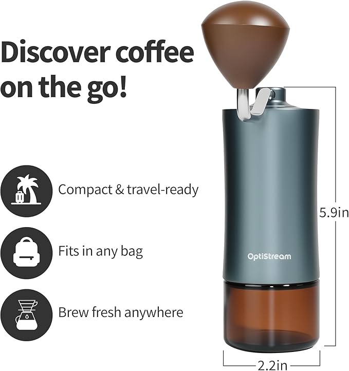 Optistream 6-Burr Manual Coffee Grinder – Easy-Use CNC420 High-Carbon Steel, Gray Aluminum Body & Glass Jar, 25 g Capacity, Slim design for travel