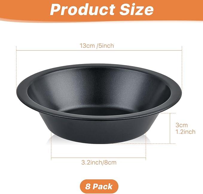 Aemygo 4 Inch Mini Pie Pans, 8 Pack Reusable Round Pie Tins Nonstick Pie Plate, Carbon Steel Mini Tart Pan, Small Cake Baking Set for Pizza Bread Meat Dessert,Black