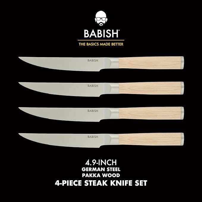 Babish 4-Piece 1.4116 German Stainless Steel Steak Knife Set with Light Pakka Wood Handles – Full-Tang Steak Knives for Dining, Entertaining & Everyday Table Use
