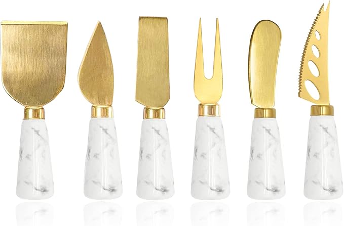 Charcuterie Board Accessories - 6 Piece Cheese Knife Set With Marble Handle - Spreader and Butter Knives for Cheese Kit Cutter (Marble)
