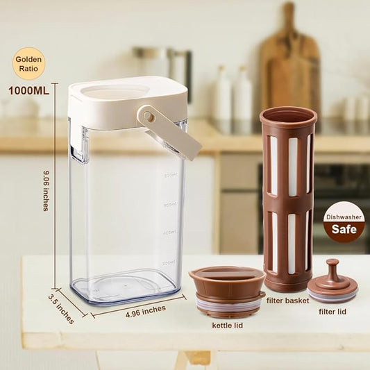 Xarfxco Cold Brew Coffee Maker, 1L/35oz Portable & Durable Iced Tea and Coffee Brewer, Leak-Proof & BPA-Free, Removable Mesh Filter For Easy Cleaning & Using, Dishwasher Safe, Space Saving.