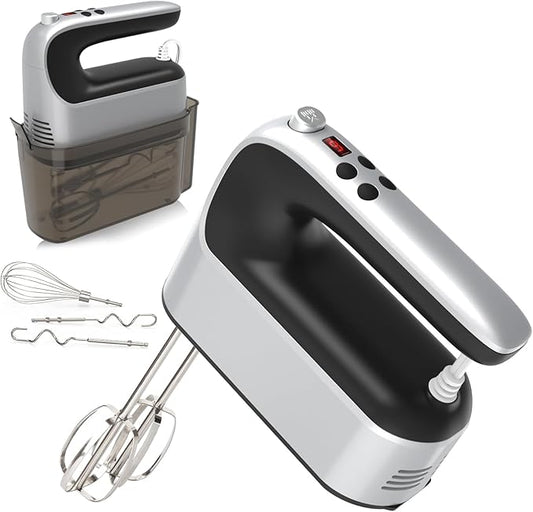 Yomelo 9-Speed Digital Hand Mixer Electric, 400W Powerful DC Motor, Hand Mixer Electric Handheld with Snap-On Storage Case, 5 Stainless Steel Accessories, Beaters, Dough Hooks, Whisk(Silvery Black)
