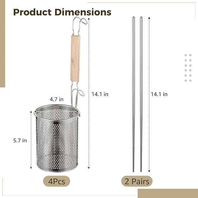 4 Pcs Pasta Strainer Set with 2 Pairs of Chopsticks, Stainless Steel Noodle Strainer, Wooden Handle Strainer, Fine Mesh Food Skimmer for Pasta, Noodle, Dumpling
