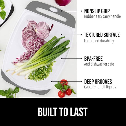 GORILLA GRIP BPA-Free Reversible Kitchen Cutting Board Set of 3, US Designed, Nonporous, Juice Grooves Catch Liquid, Slip Resistant Border, Dishwasher Safe, Durable Large Food Chopping Boards, Gray