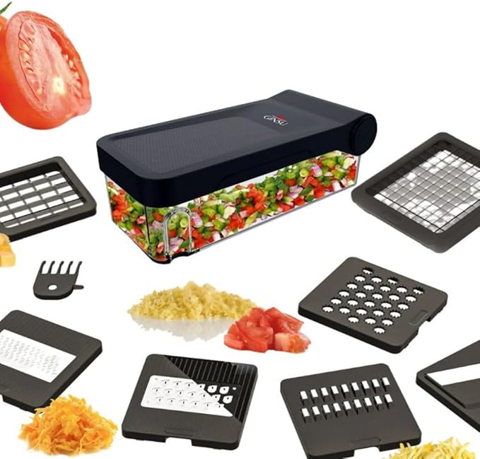 GINSU Plastic Pro Multifunctional Vegetable Chopper & Slicer – 11x6x4in Food Dicer, Cutter & Mandoline with Interchangeable Blades