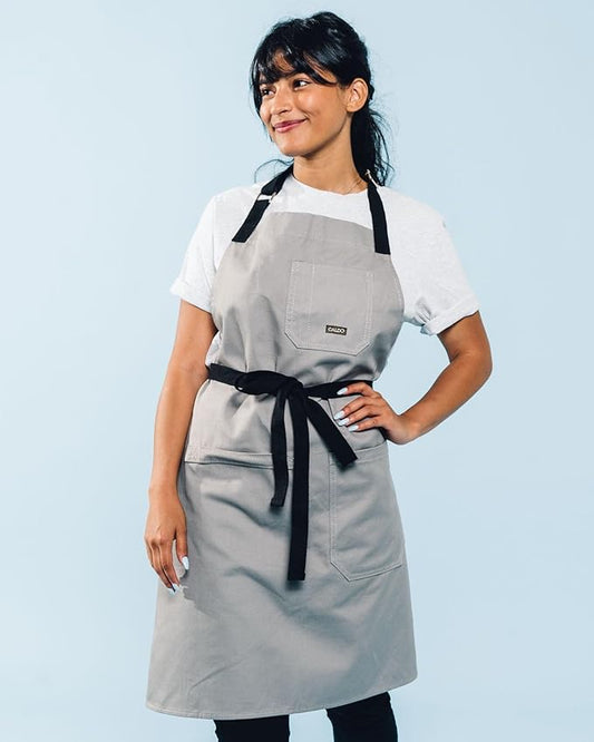 Caldo Daily Cotton Kitchen Apron for Cooking- Mens and Womens Professional Chef or Server Bib Apron - Adjustable Straps with Pockets and Towel Loop (Grey)