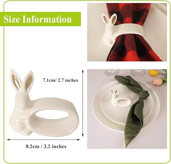 Easter Bunny Porcelain Napkin Rings Set of 6, Rabbit Napkin Ring Holders, White Bunny Ceramic Napkin Rings for Easter, Spring Party, Banquet, Dinner, Wedding Table Decor